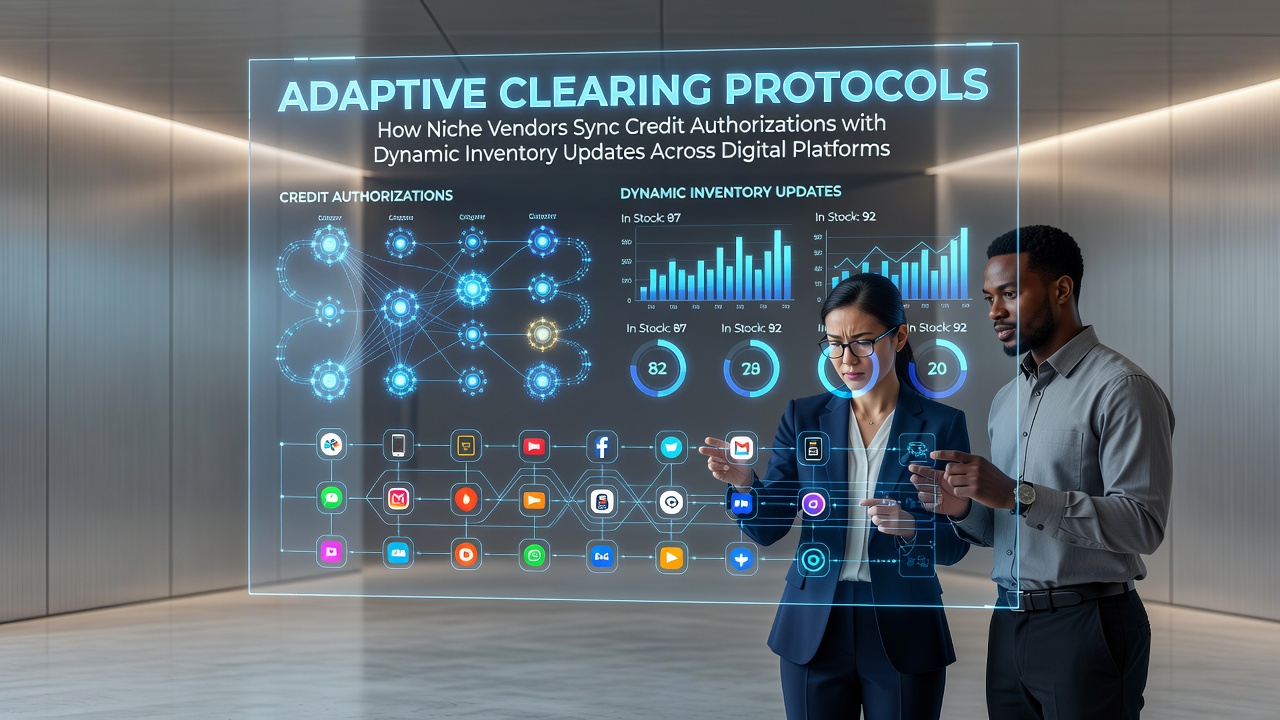 Diagram showing real-time credit authorization syncing with inventory management across multiple digital platforms for niche vendors