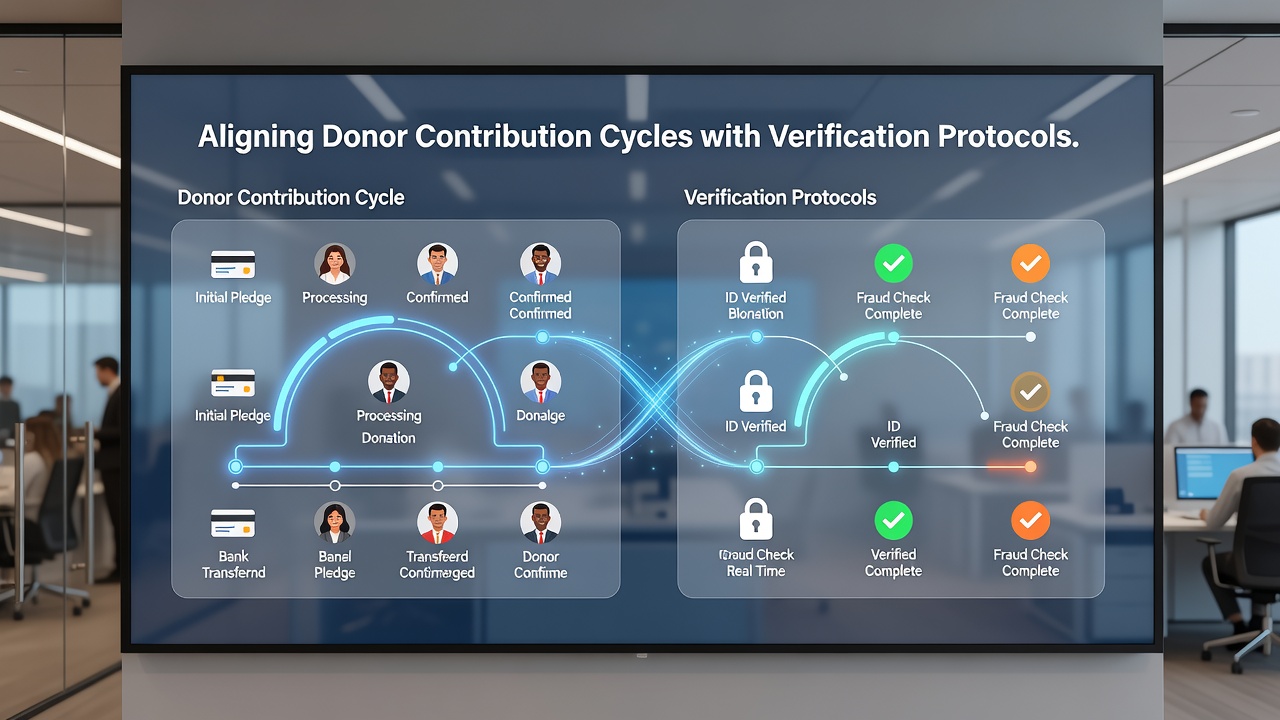 Digital interface showing donor contribution cycle alignment with verification protocols on a charitable organization's platform