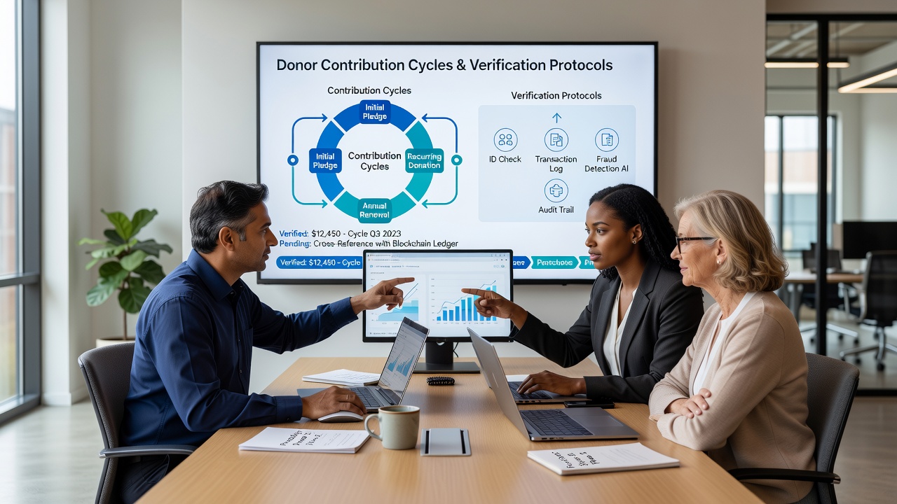 Flow diagram illustrating verification protocol integration within charitable donation cycle management systems