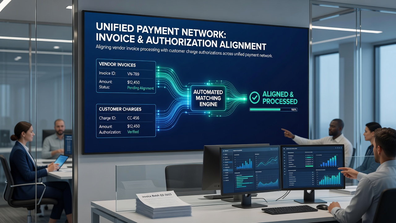 Process flow diagram illustrating invoice matching with charge authorizations in payment networks
