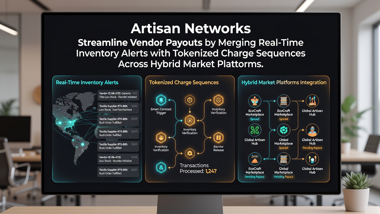 Artisan vendor using tablet to monitor real-time inventory and tokenized payments in a hybrid market setting