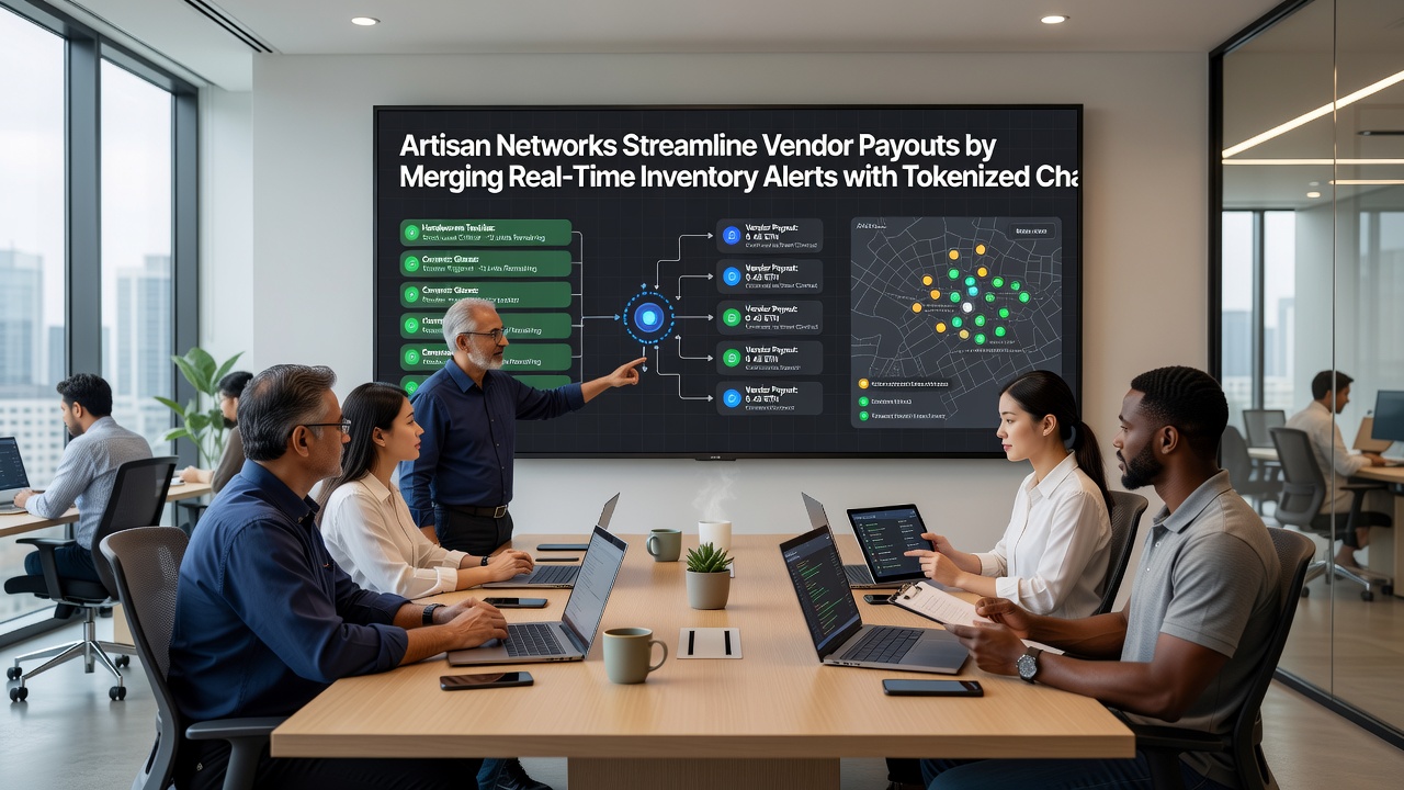 Network diagram showing real-time inventory alerts flowing into tokenized charge sequences for artisan vendor payouts