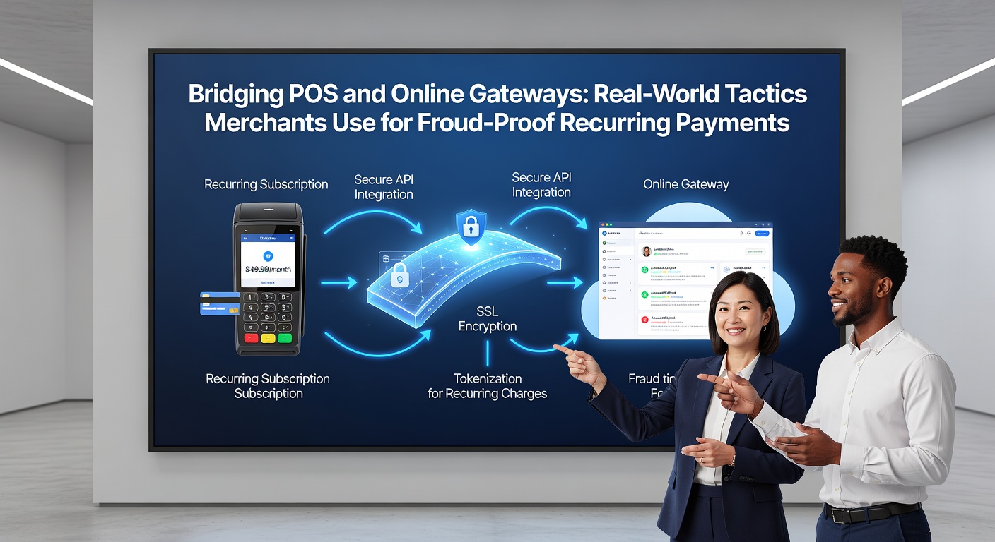 Merchants integrating POS terminals with online payment gateways to secure recurring billing cycles, showing seamless data flow between physical and digital systems