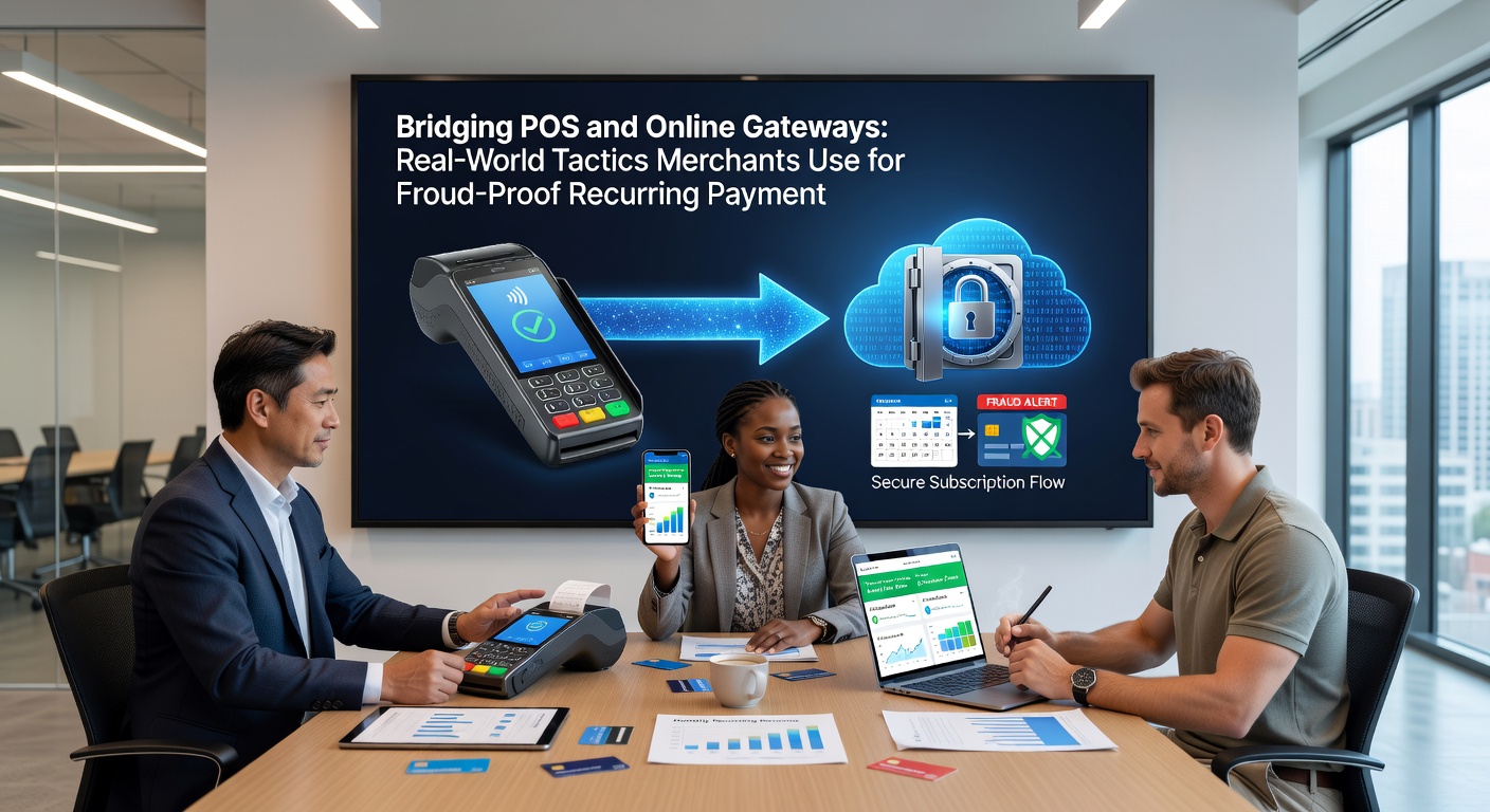 Data visualization of fraud detection algorithms bridging POS and online gateways, highlighting reduced chargeback rates through integrated recurring payment flows