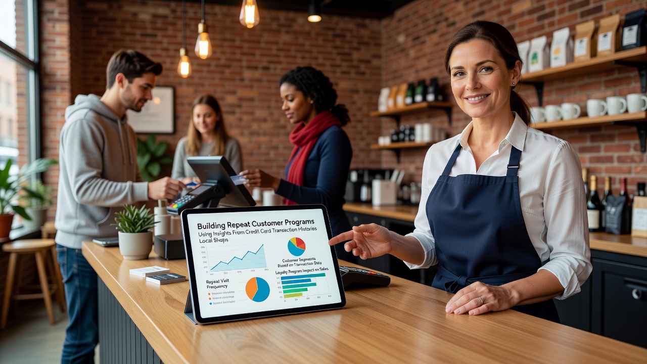 Local shop owner reviewing credit card transaction patterns on a tablet in a neighborhood store