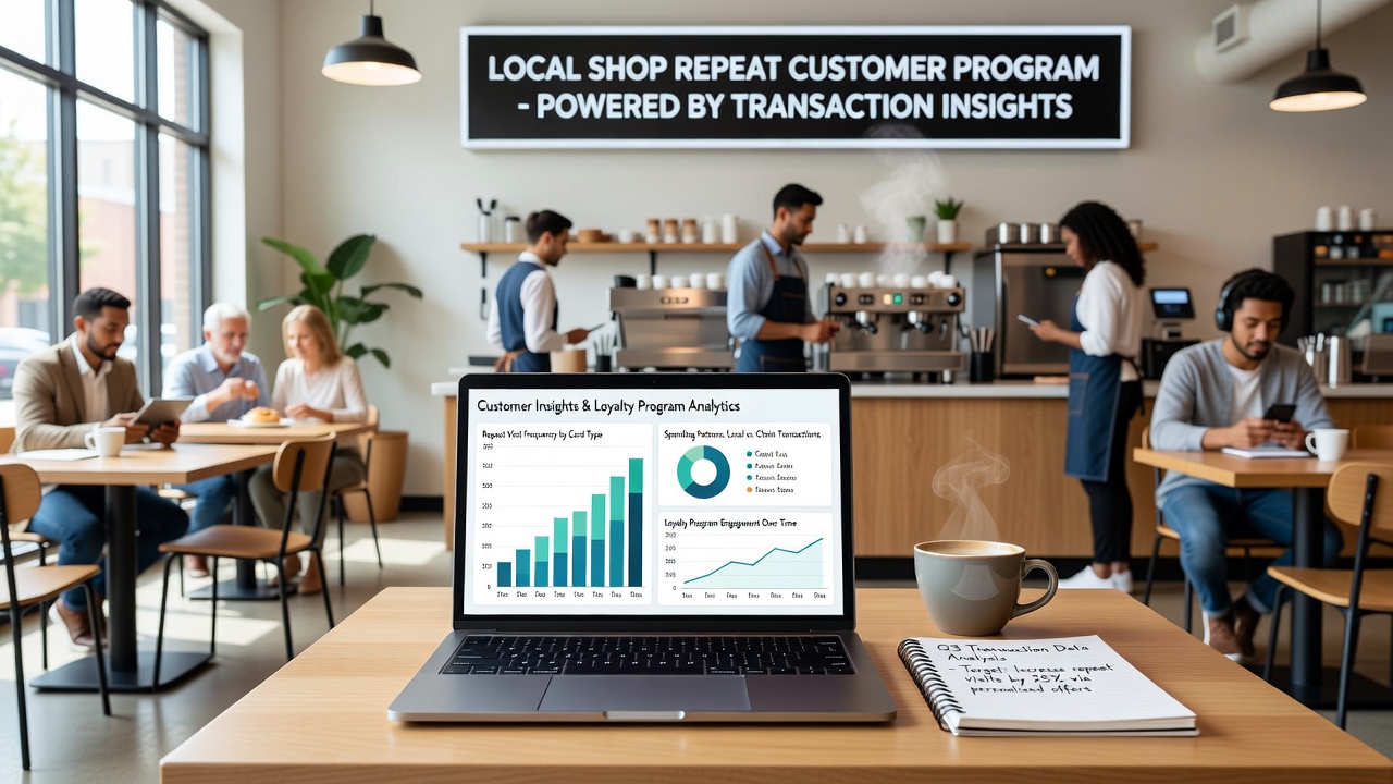 Neighborhood retailer staff discussing segmented customer offers derived from payment histories