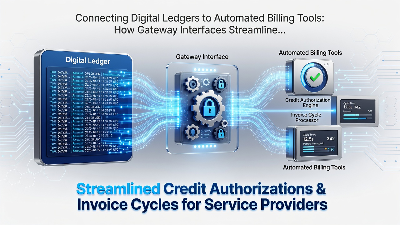 Diagram showing digital ledger integration with billing gateways for service providers