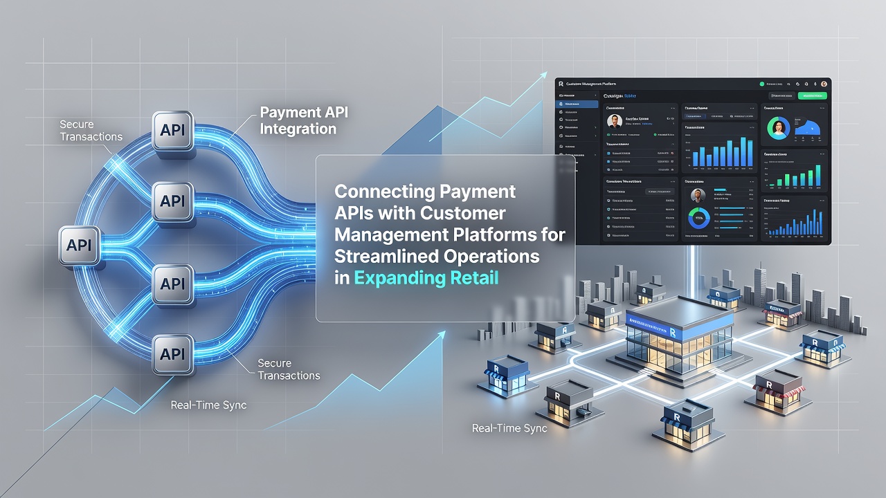 Illustration of API data flow between payment gateway and customer relationship management system in a retail environment
