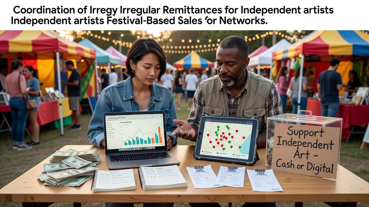 Independent artists coordinating sales and remittances at a bustling outdoor festival network