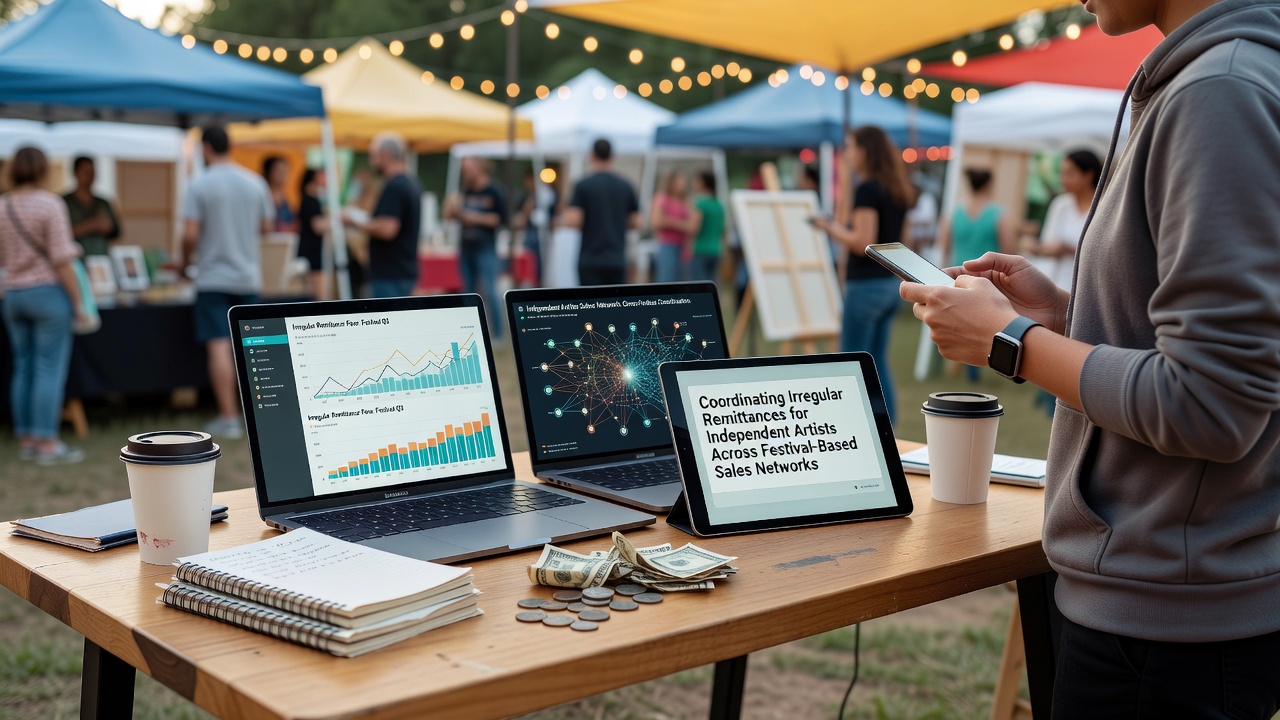 Festival vendors reviewing consolidated remittance reports on tablets after a weekend event