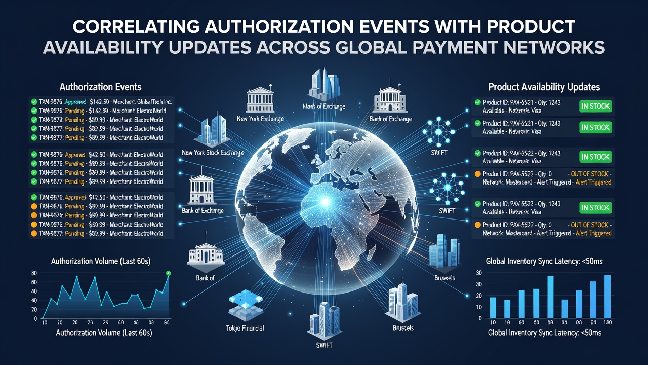 Global payment network diagram showing authorization event flows linked to real-time inventory databases