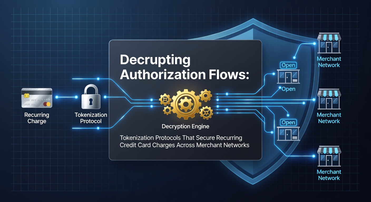 Visualization of tokenization protocols securing recurring credit card authorization flows across merchant networks