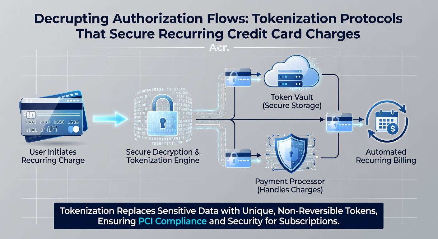 Diagram illustrating secure token exchange in multi-merchant recurring payment networks