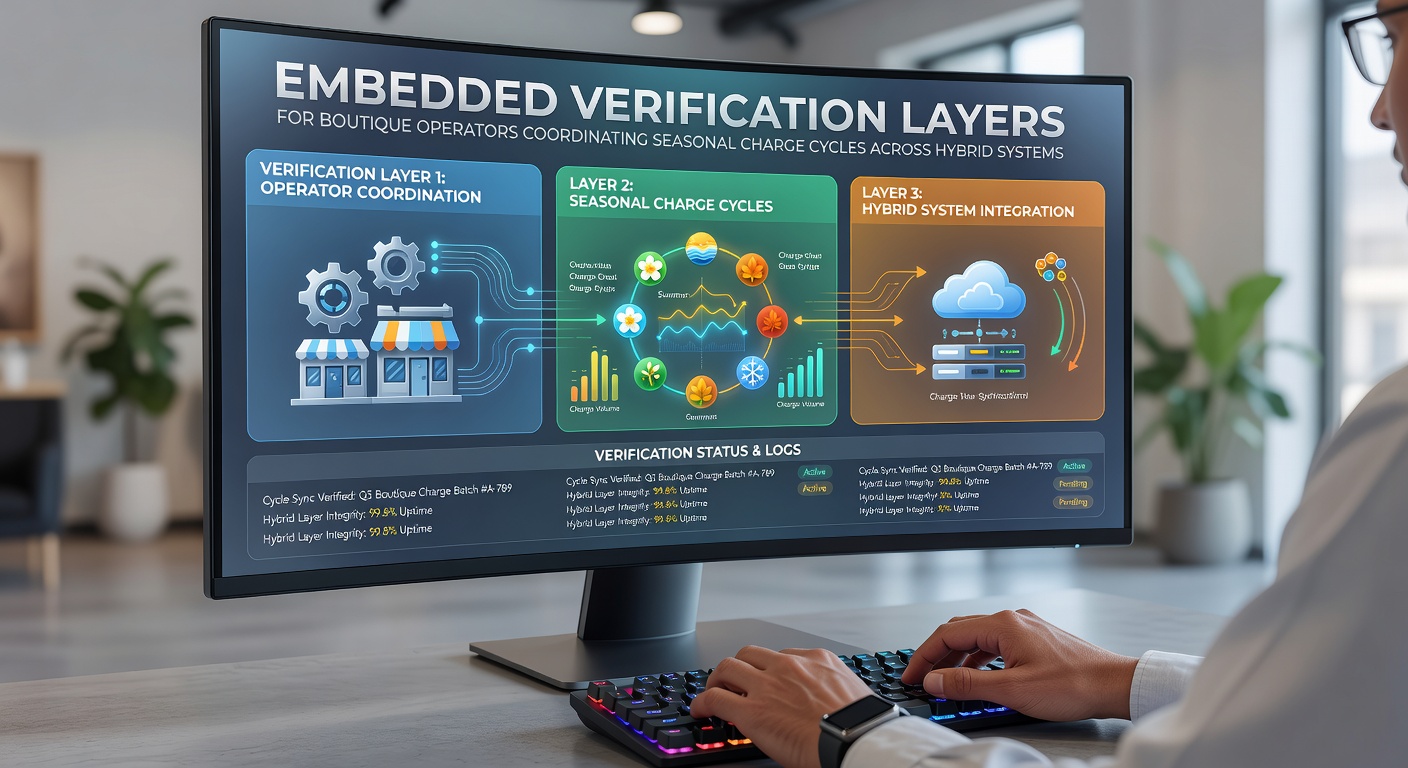Technical dashboard displaying verification layer metrics for seasonal charge coordination on hybrid retail platforms