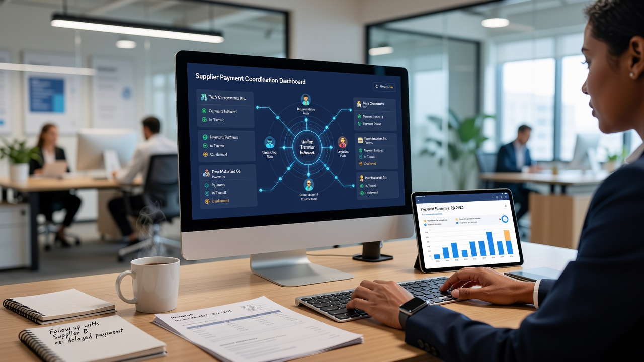 Small enterprise owner reviewing supplier payment details on a unified digital transfer platform