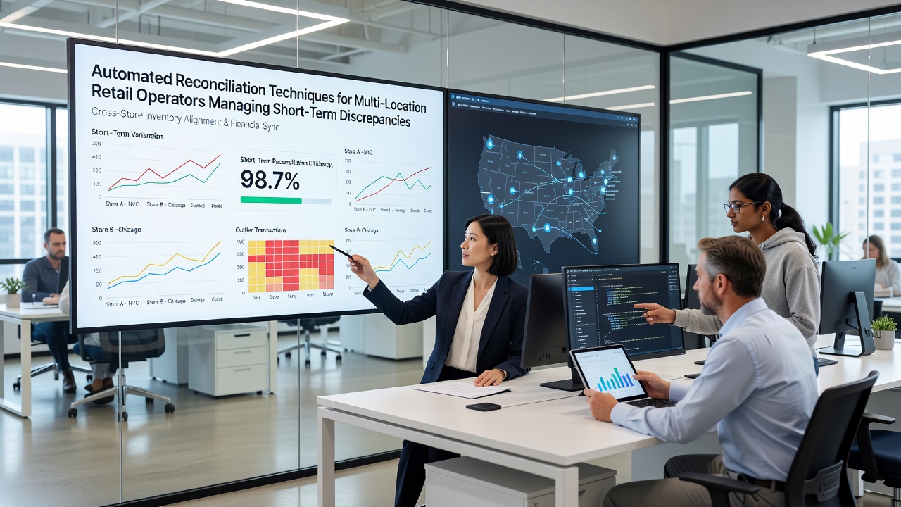 Dashboard view of automated reconciliation software tracking sales and inventory across retail locations