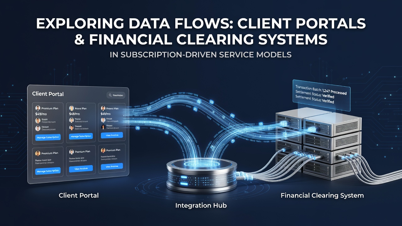 Diagram showing data exchange pathways between client portals and financial clearing systems in subscription services