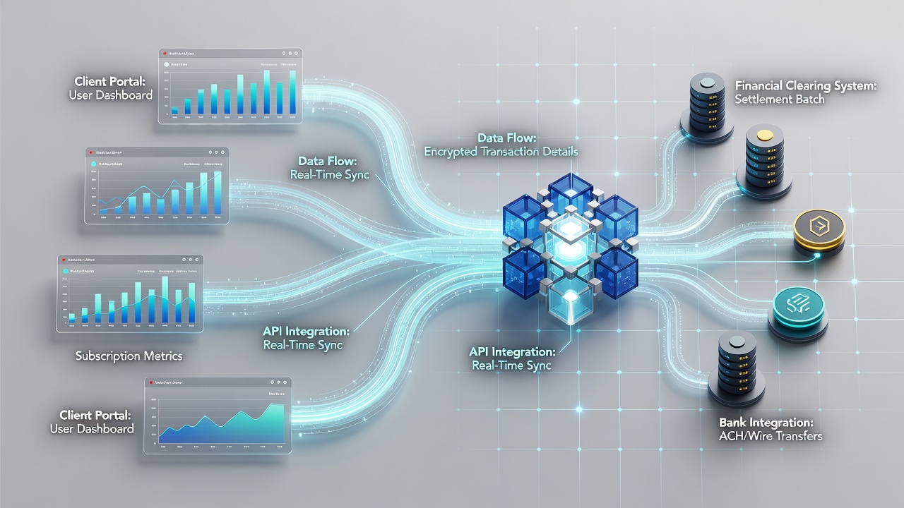 Illustration of API connections and data synchronization between subscription portals and clearing networks