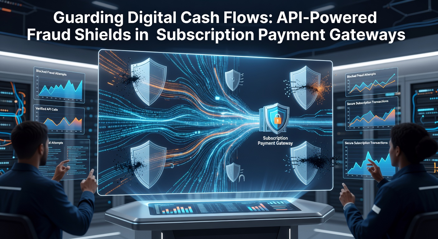 Digital shield icon blocking fraudulent arrows aimed at a stream of subscription payment data flowing through API gateways