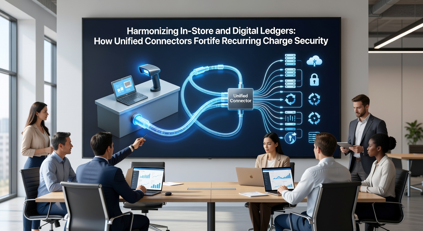 Secure data flow diagram showing unified connectors reconciling in-store and digital ledgers for recurring payment protection