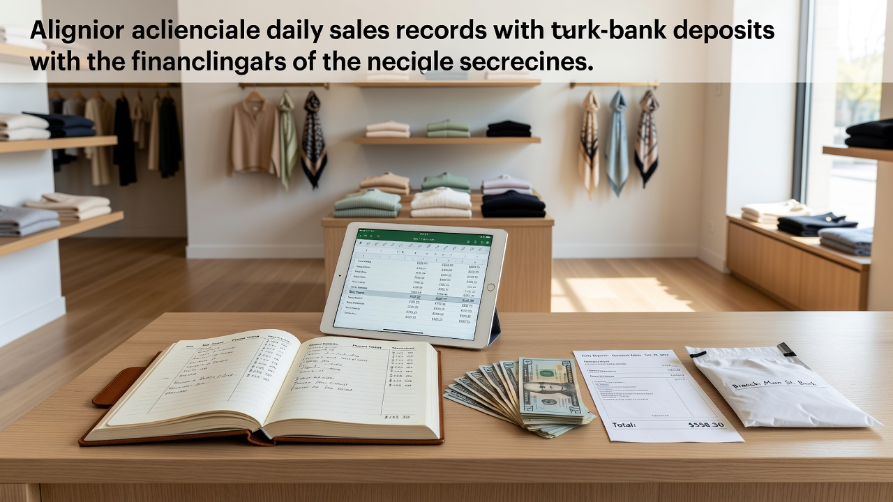 Boutique shop owner reviewing daily sales reports and bank deposit slips at a wooden counter with POS terminal visible