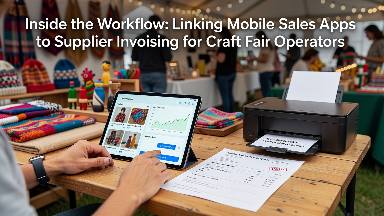 Craft fair operator using a mobile sales app at an outdoor booth while processing a transaction