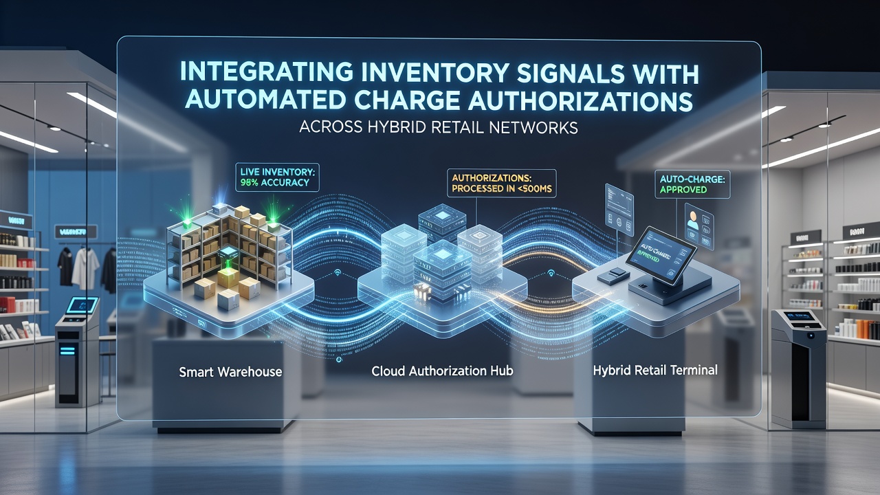 Retail staff monitoring inventory dashboards connected to payment authorization systems in a hybrid store environment