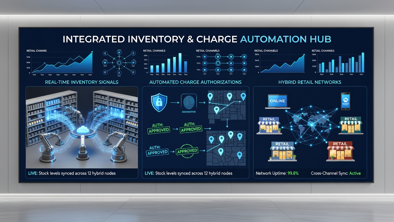 Automated dashboard displaying synchronized inventory levels and pending charge authorizations across online and in-store channels