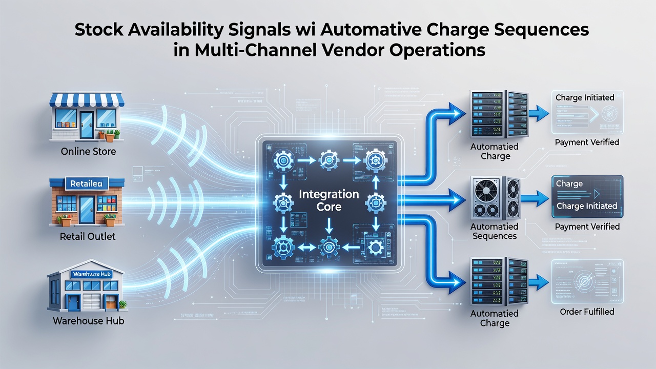 Diagram showing real-time stock signals flowing into automated payment sequences across online and physical sales channels