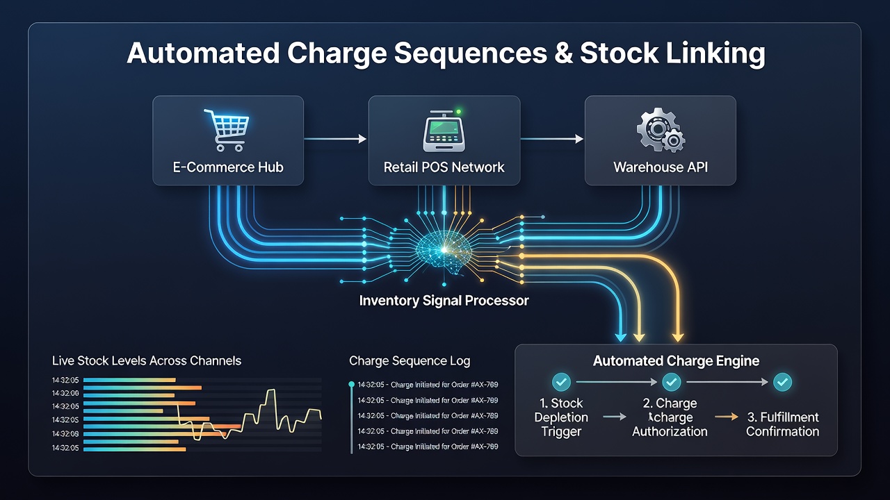Flowchart of inventory updates triggering payment authorization in a multi-channel retail network