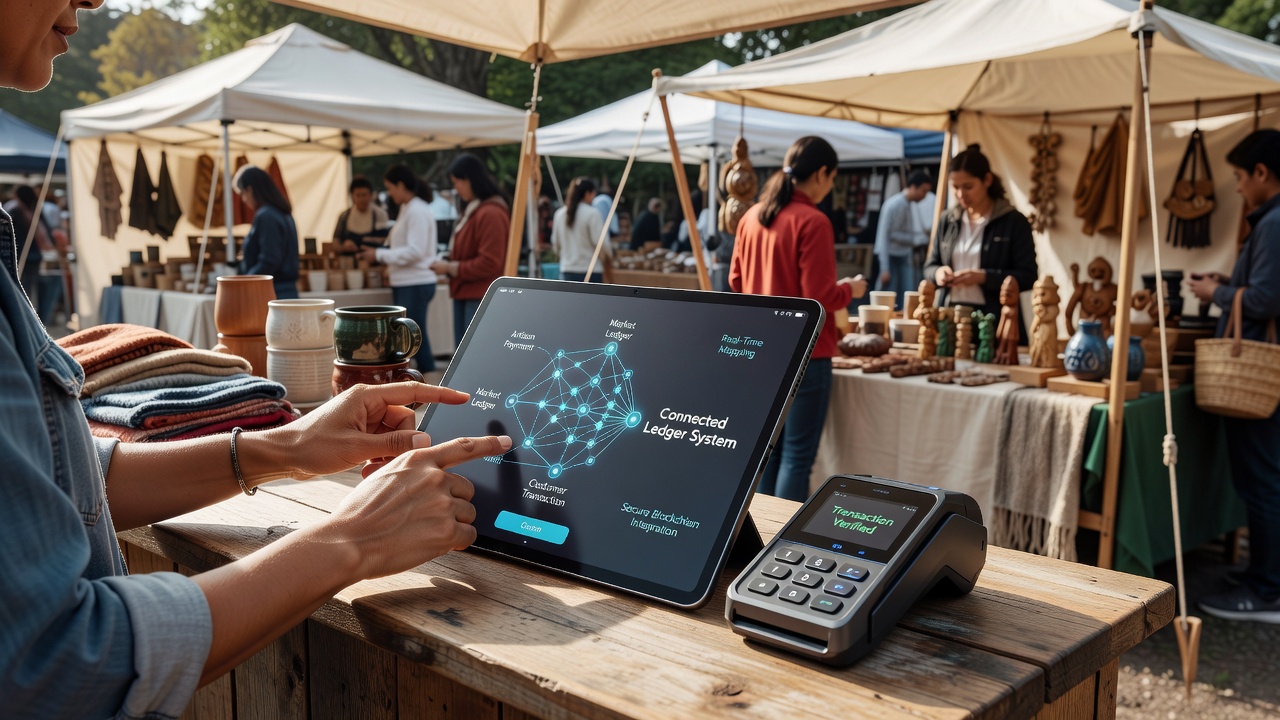 Artisan vendor at a pop-up market using a tablet connected to a ledger system for tracking sales and payments