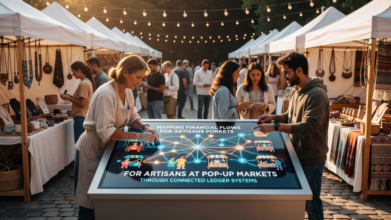 Close-up of a connected ledger dashboard displaying artisan sales data from multiple pop-up events