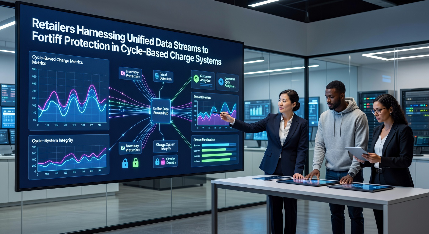 Retail data analysts reviewing unified payment streams on multiple screens in a modern operations center