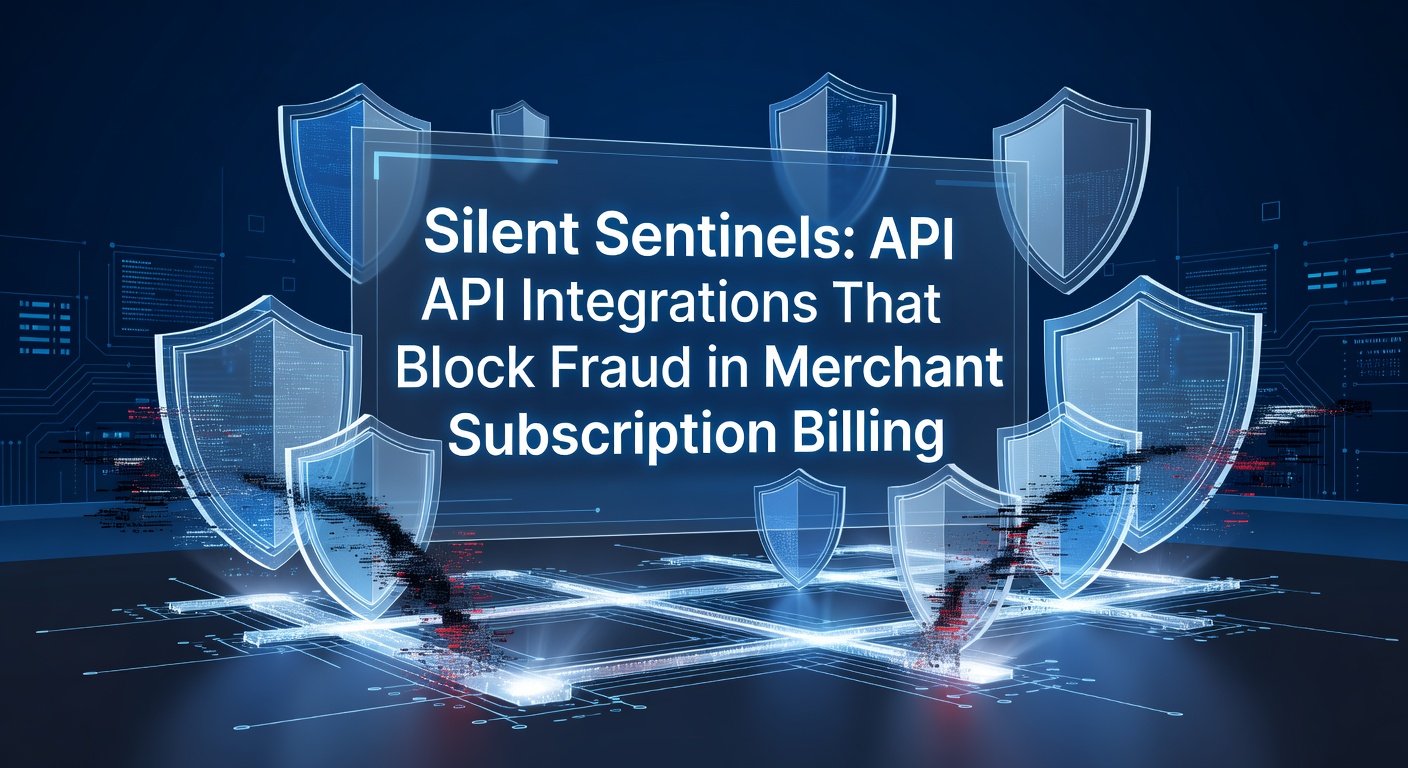 Digital network of API connections shielding subscription billing from fraud attempts, visualized as invisible barriers around payment flows