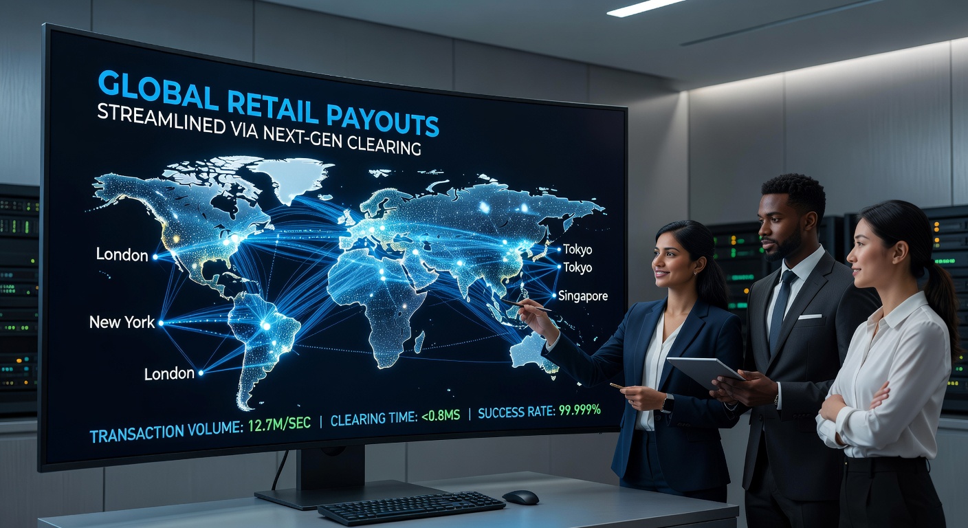 Global retail payout networks showing interconnected clearing hubs across continents