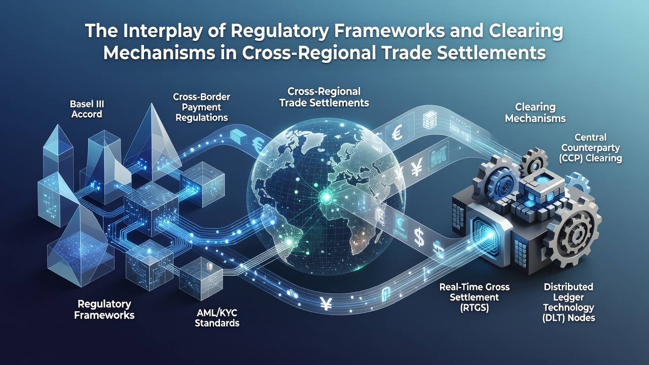 Illustration of interconnected global trade settlement networks showing regulatory oversight layers and clearing system pathways across multiple regions