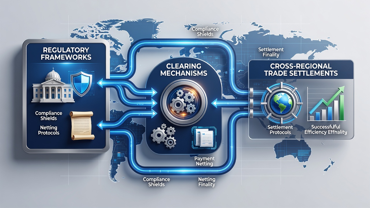 Diagram depicting regulatory checkpoints and real-time clearing flows in multi-jurisdictional trade settlements