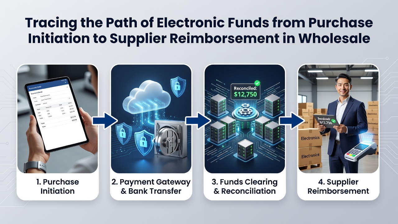 Flowchart illustrating clearing and settlement stages with timestamps from authorization to final supplier credit