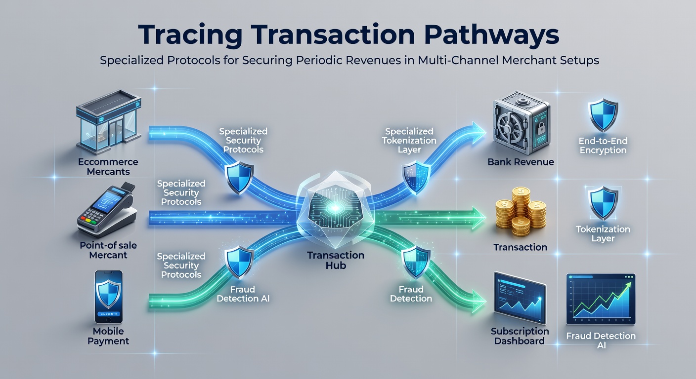 Diagram showing transaction pathways across multiple merchant channels with secure protocol layers